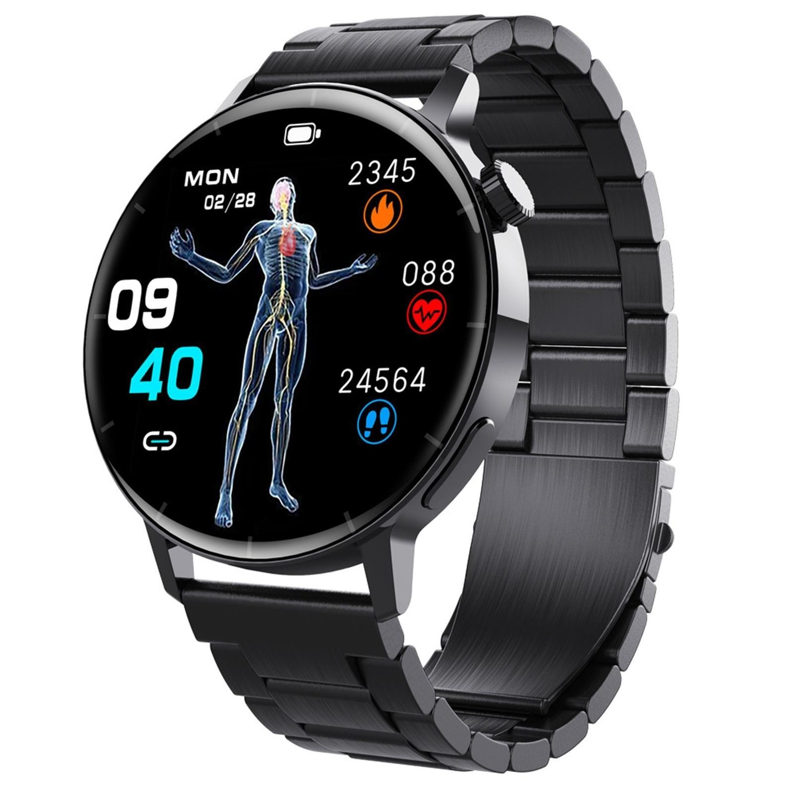 Schwarze Smartwatch zeigt Zeit, Gesundheitsdaten und ein menschliches Körperdiagramm auf einem schwarzen, kreisförmigen Bildschirm.