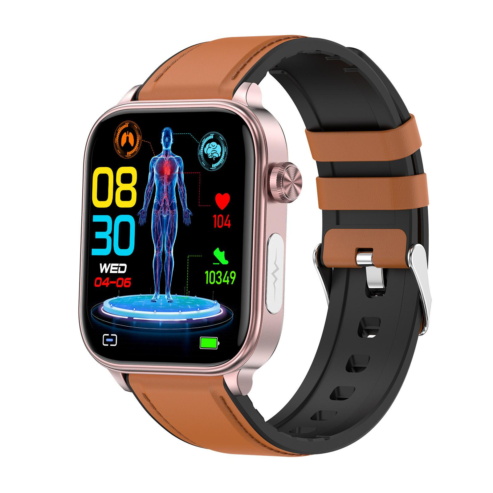Smartwatch mit braunem Lederarmband, die Zeit, Datum und Gesundheitsdaten wie Herzfrequenz und Schritte anzeigt.