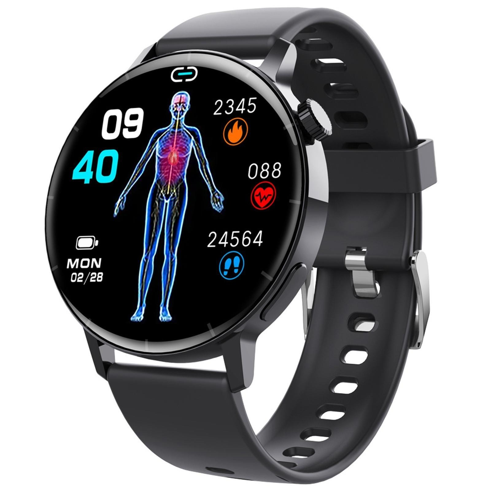 Schwarze Smartwatch mit rundem Zifferblatt, das Gesundheitsdaten und Zeit anzeigt. Eine menschliche Figur ist in der Mitte.