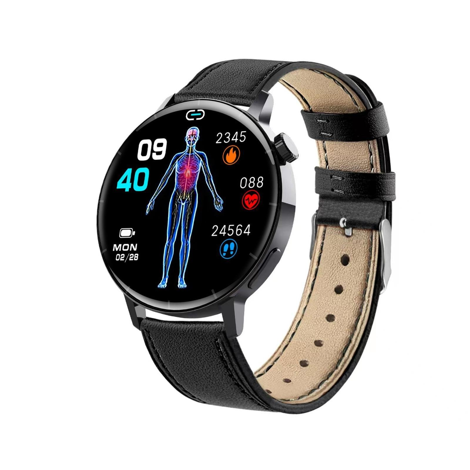 Eine schwarze Smartwatch zeigt Gesundheitsdaten mit einem schwarzen Lederarmband. Die Uhr zeigt Zeit, Gesundheitsmetriken und einen menschlichen Körperumriss.