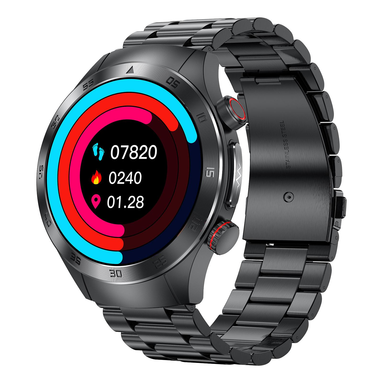 Eine schwarze Smartwatch mit Metallarmband. Das Zifferblatt zeigt Aktivitätsdaten in roten, blauen und schwarzen Kreisen an.