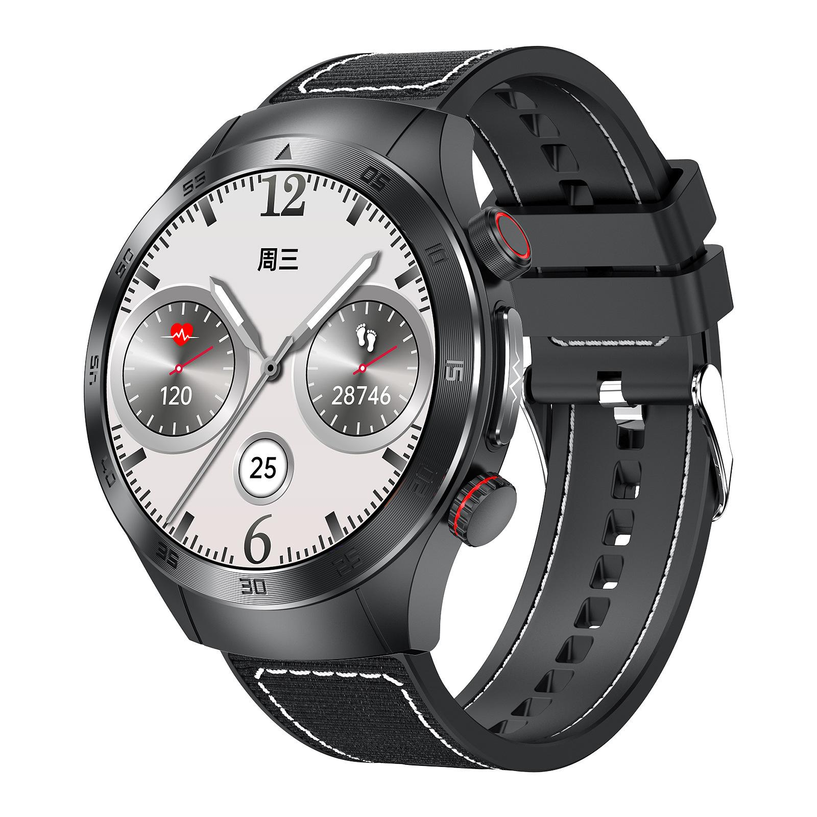 Schwarze Smartwatch mit weißem Zifferblatt. Sie zeigt Zeit, Schritte und Herzfrequenz an. Das Armband ist schwarz mit weißen Nähten.