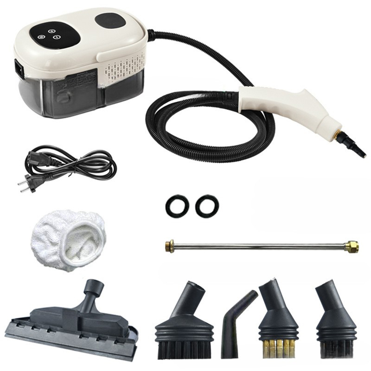 Ein elektrisches Dampfreinigungs-Set. Es enthält das Hauptgerät, Reinigungsköpfe, Verlängerungsrohr, Dichtungen und ein Mikrofasertuch.