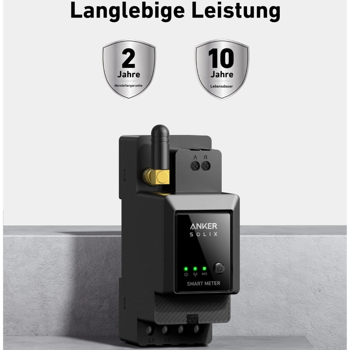 Ein schwarzer Anker Solix Smart Meter mit 2 Jahren Garantie und 10 Jahren Lebensdauer wird angezeigt, zusammen mit deutschem Text.