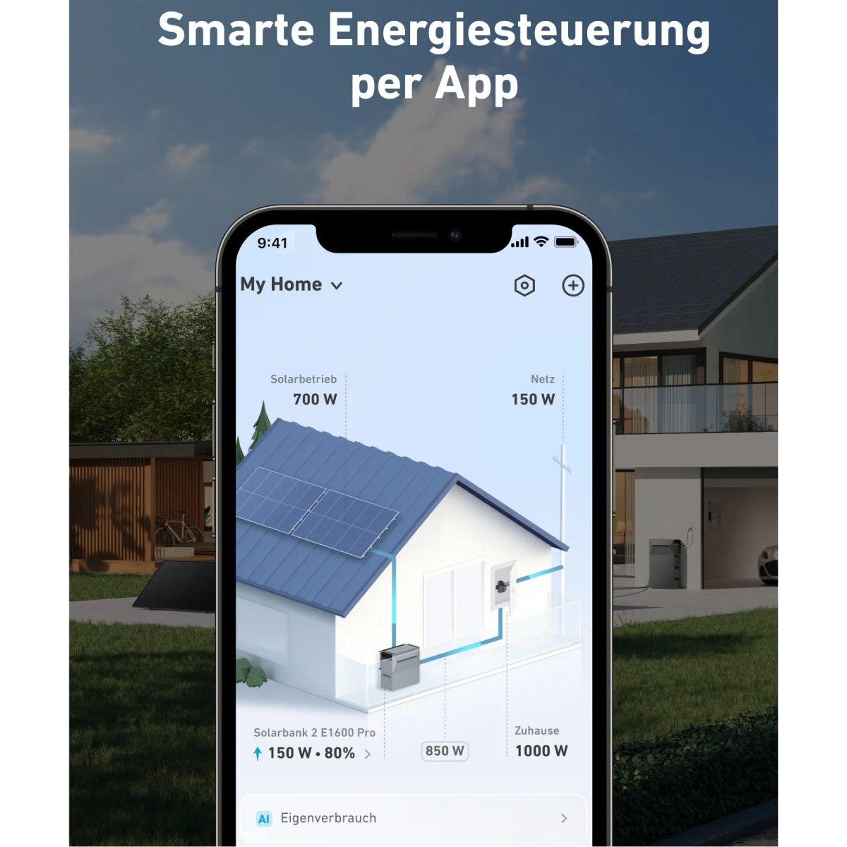 Ein Telefon zeigt eine Smart-Energy-App mit einem Hausdiagramm. Die App zeigt Solarmodulleistung, Netznutzung und Hausverbrauch an.