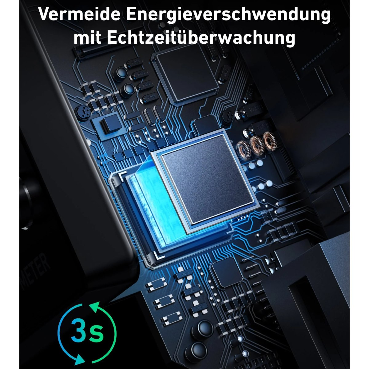 Nahaufnahme einer Platine mit einem leuchtenden blauen Quadrat und Text oben. Ein Kreissymbol zeigt '3s'.