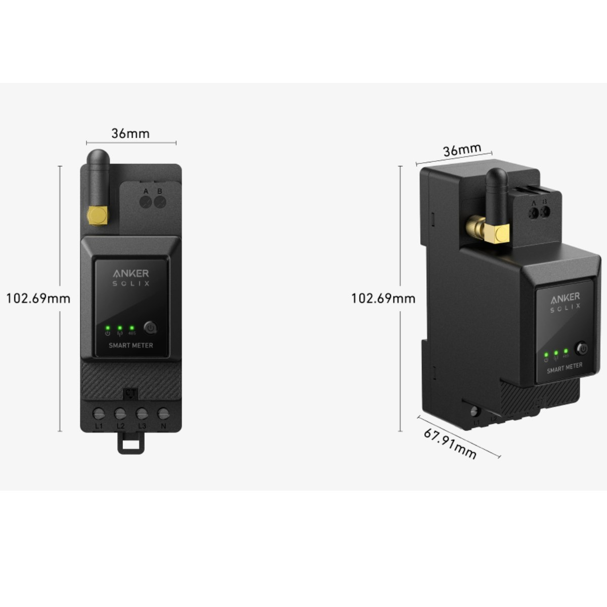 Zwei schwarze Anker Smart Meter. Die Zähler haben Antennen, Tasten und LED-Anzeigen. Abmessungen sind beschriftet. Der Hintergrund ist weiß.