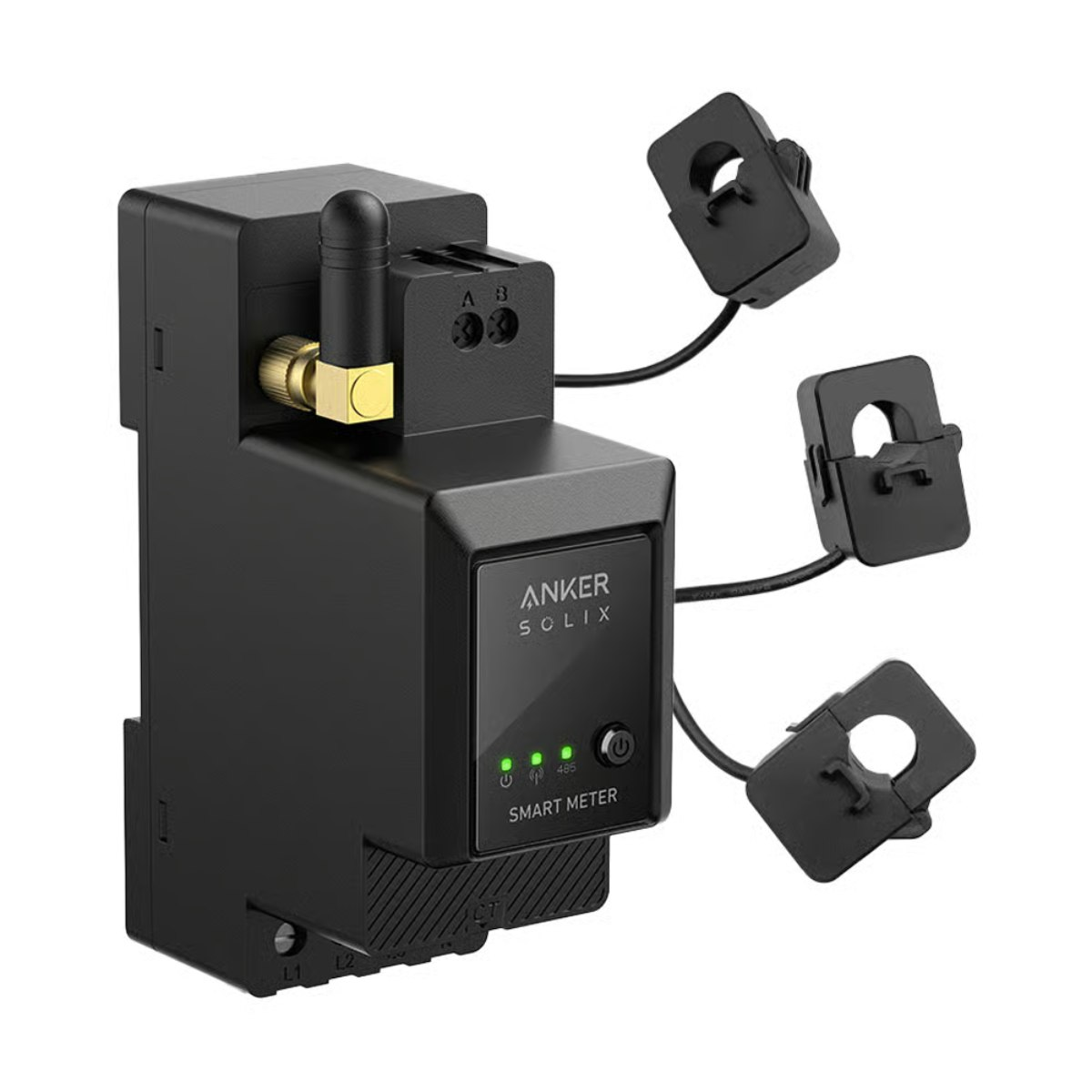 Schwarzer Anker Solix Smart Meter mit drei schwarzen Klemmen. Er hat eine Antenne, Kontrollleuchten und einen Power-Knopf. Weißer Hintergrund.