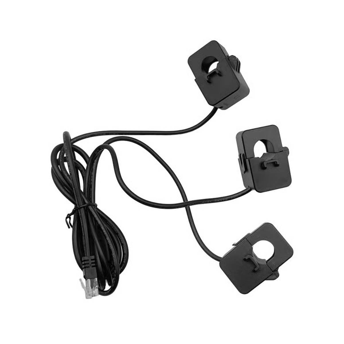 Drei schwarze Stromsensorklemmen, die mit einem schwarzen Kabel mit einem Ethernet-Anschluss verbunden sind. Weißer Hintergrund.