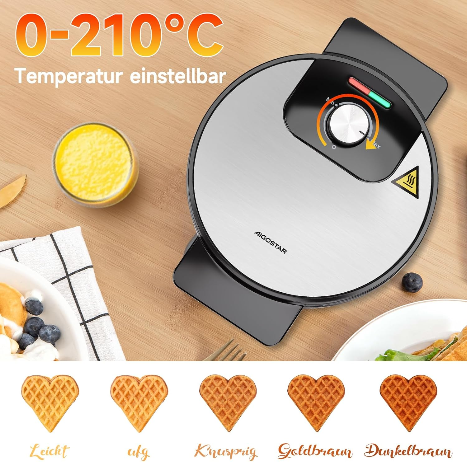 Waffeleisen mit Waffeln in verschiedenen Farben. Ein Glas gelbe Flüssigkeit links. Temperatureinstellung oben.
