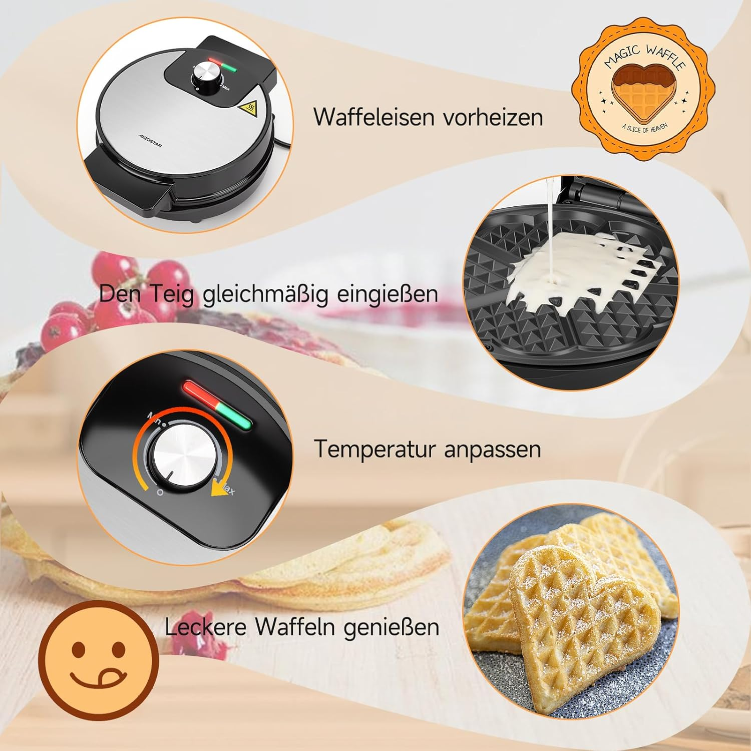 Das Bild zeigt ein Waffeleisen, Teig, Temperaturregler und herzförmige Waffeln. Anweisungen sind ebenfalls zu sehen.