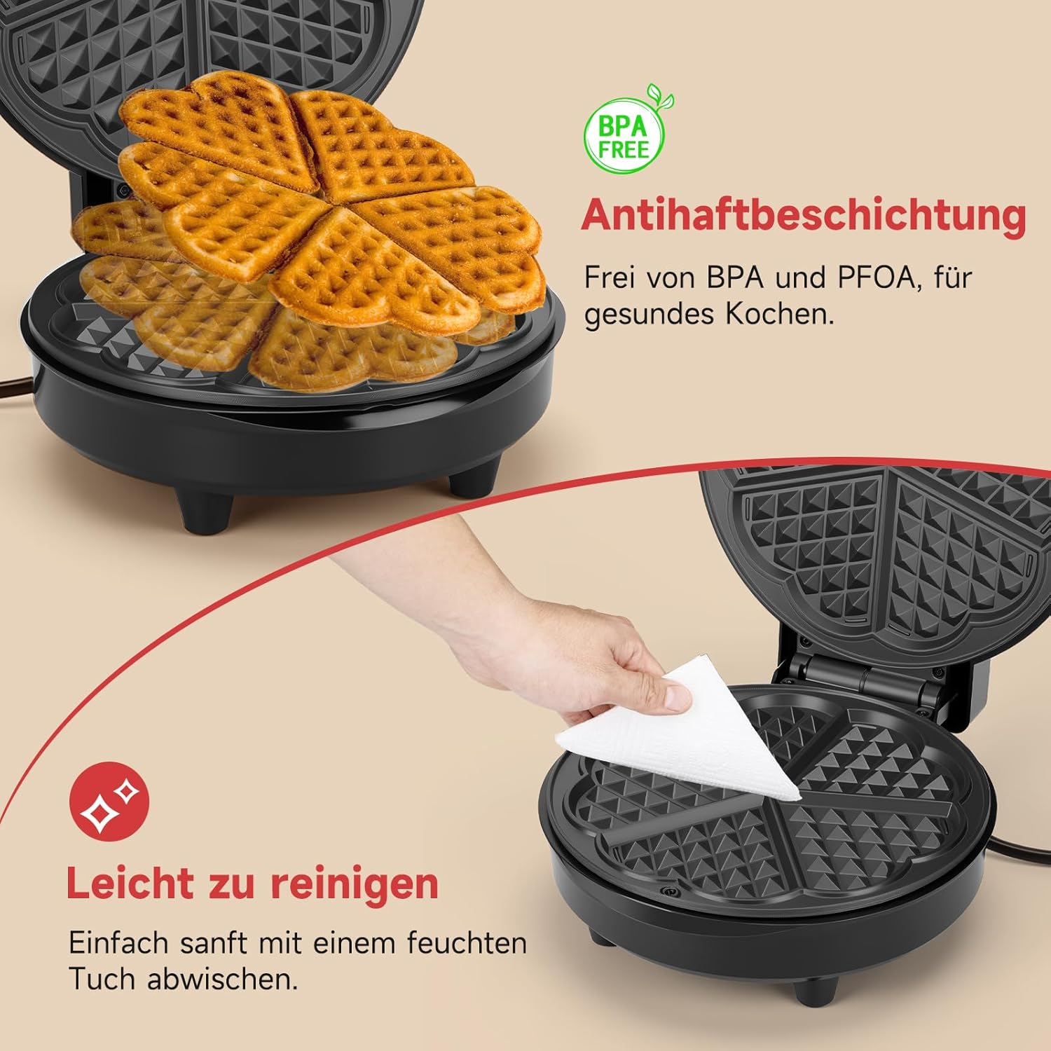 Ein offenes Waffeleisen mit gebackenen Waffeln. Eine Hand wischt das Eisen mit einem Tuch ab. Text erwähnt einfache Reinigung und BPA-frei.