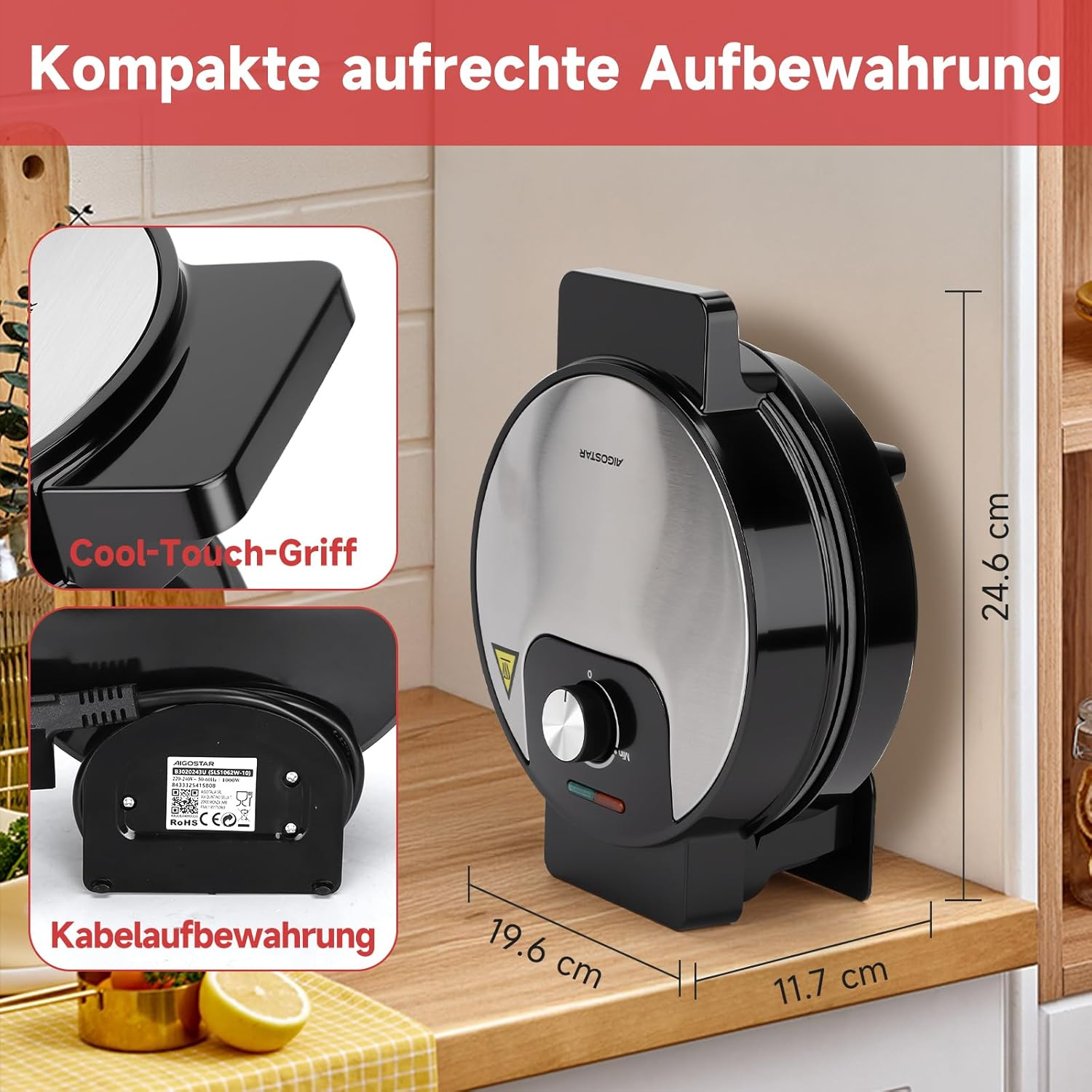 Ein schwarzer und silberner Waffeleisen auf einer Holzoberfläche. Abmessungen sind angegeben. Etiketten zeigen 'Cool-Touch-Griff' und 'Kabelaufbewahrung'.