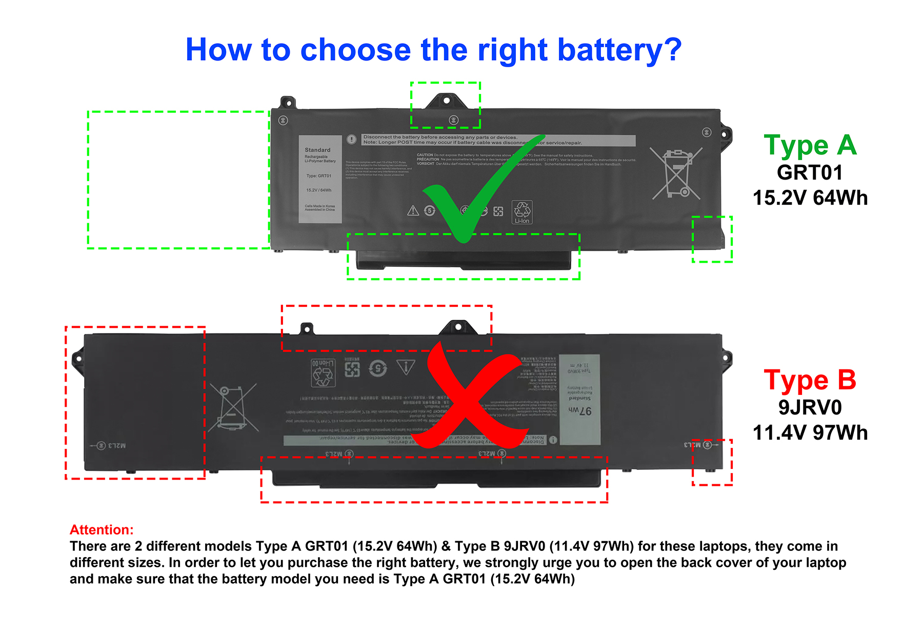 L'immagine mostra due batterie per laptop con specifiche diverse. Il tipo A è approvato, il tipo B no. Il testo consiglia di controllare il modello della batteria.