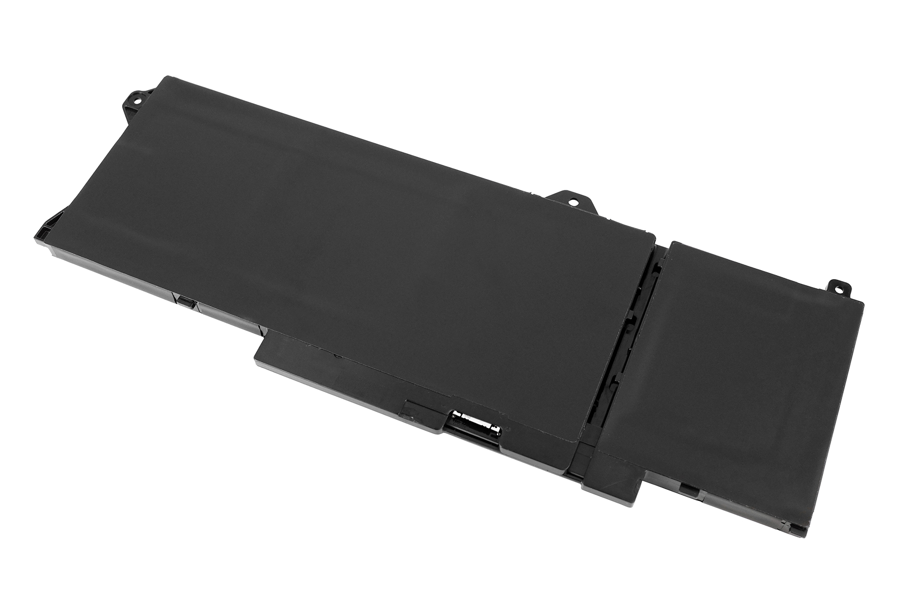 Una batteria nera per laptop, rettangolare, su una superficie bianca. È segmentata, mostrando il suo design e struttura.
