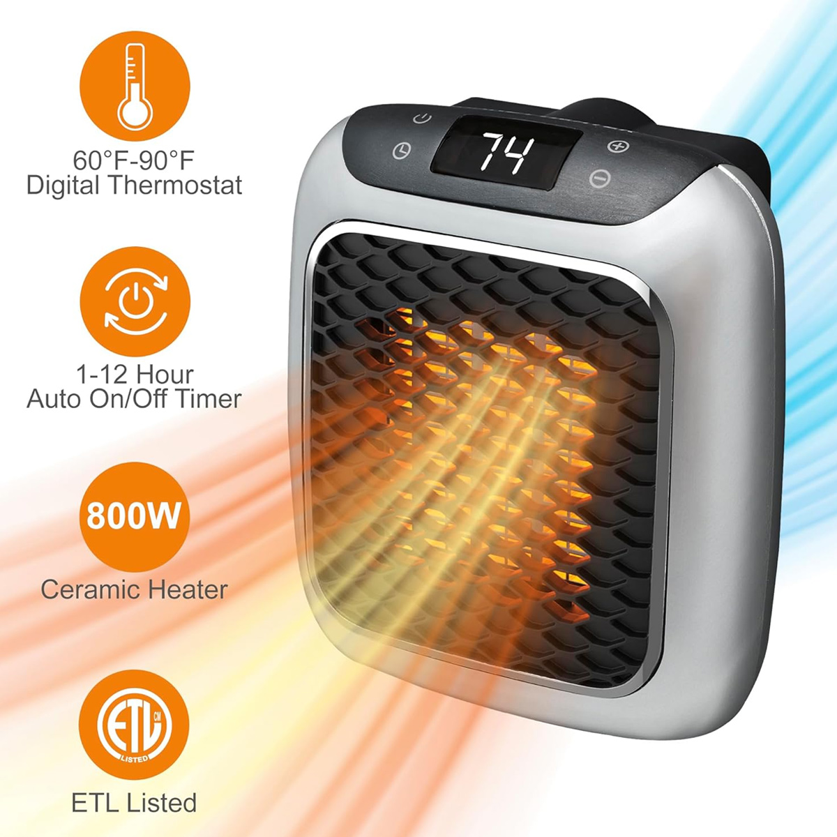 Ein tragbarer Keramikheizer mit Digitalanzeige 74. Er hat Timer, Thermostat und ETL-Zertifizierung. Warme Luft strahlt aus.