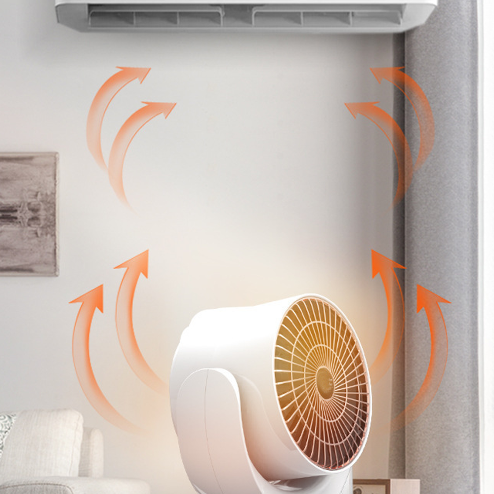 Ein weißer Ventilator mit orangefarbenen Pfeilen, die den Luftstrom anzeigen. Klimaanlage oben. Hintergrund: Wand und Gemälde.