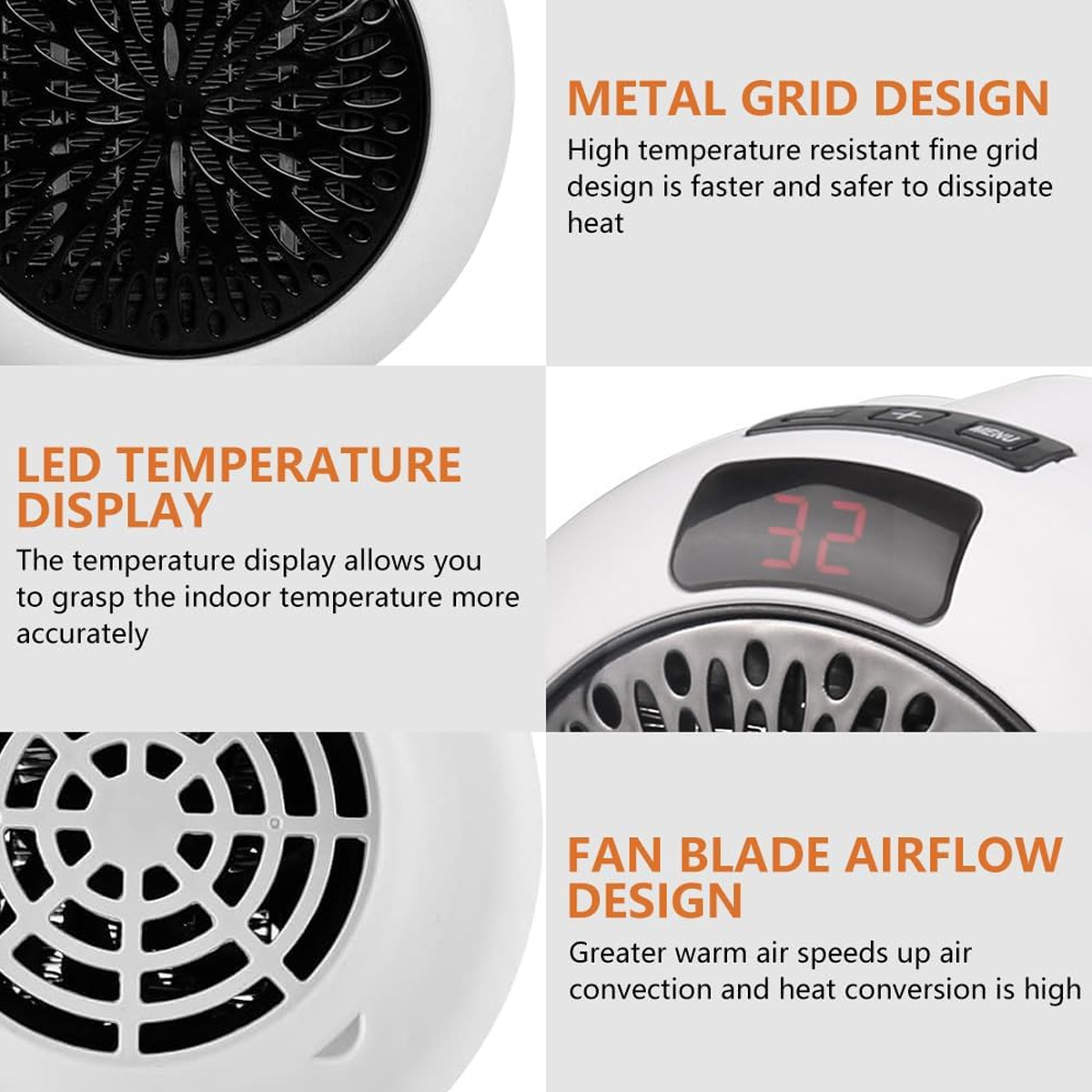 Nahaufnahme eines weißen Heizgeräts. Zu den Merkmalen gehören Metallgitterdesign, LED-Temperaturanzeige und Lüfterblatt-Luftstromdesign.