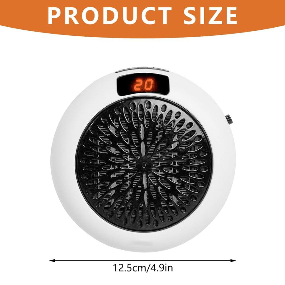 Weißer, runder Heizlüfter mit schwarzem Gitter. Ein digitales Display zeigt "20". Größe 12,5 cm/4,9 Zoll.
