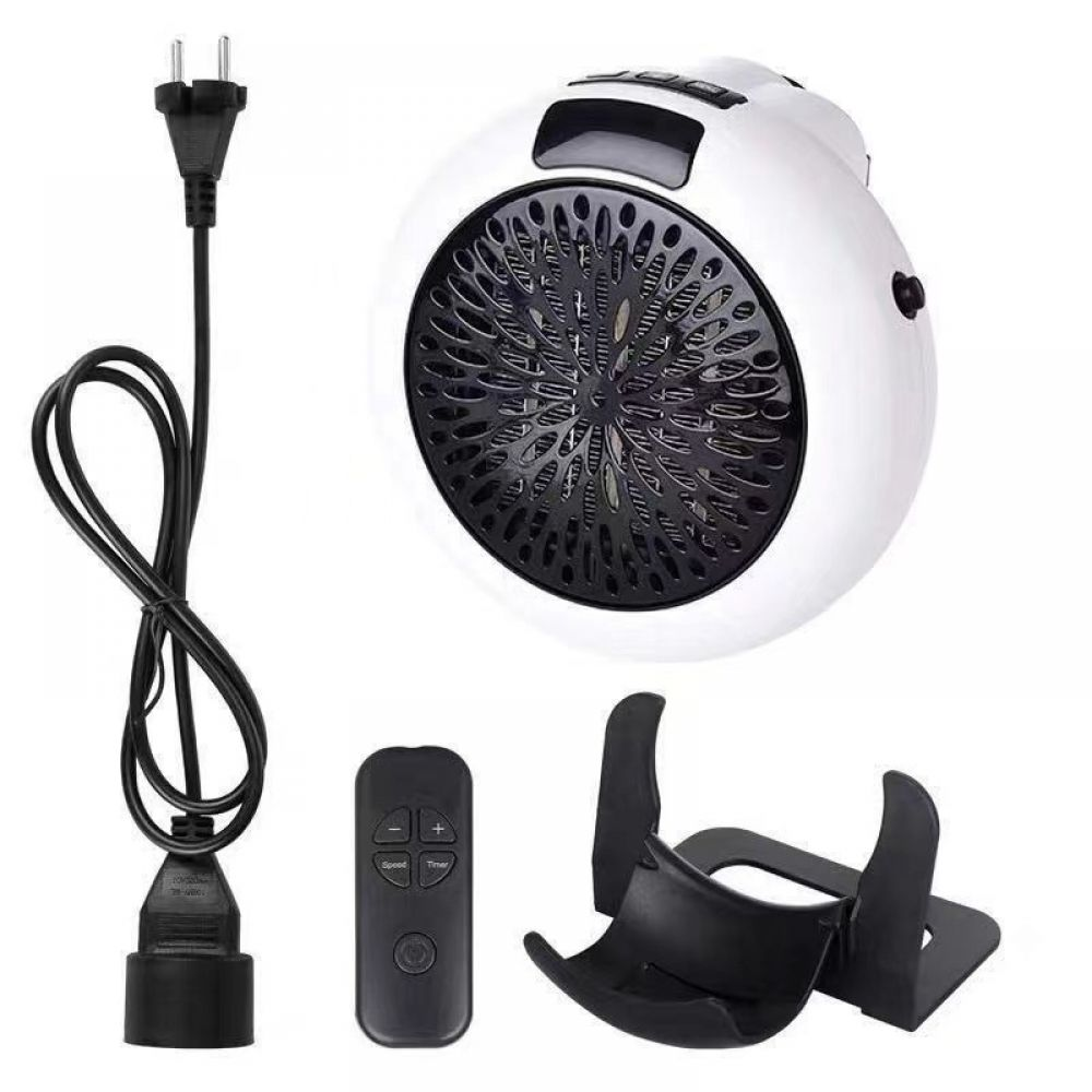 Ein weiß-schwarzer elektrischer Heizlüfter mit Fernbedienung, Ständer und Netzkabel. Der Heizlüfter hat einen Ventilator.