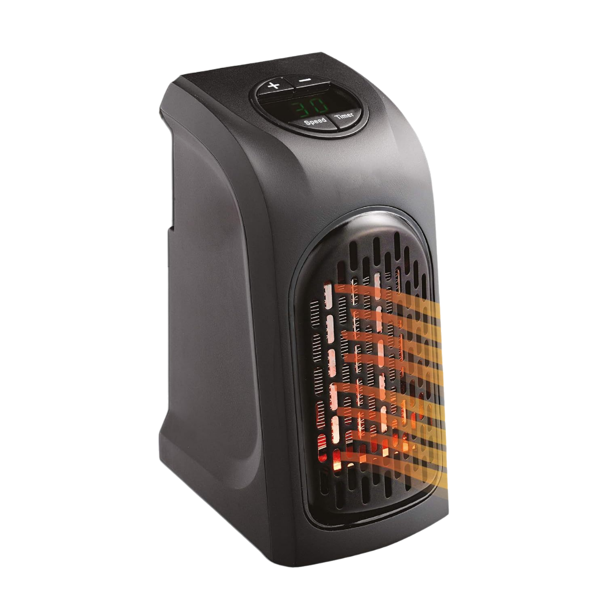 Schwarzer elektrischer Heizlüfter mit Digitalanzeige. Das Gitter leuchtet orange. Er hat Geschwindigkeits- und Timereinstellungen.
