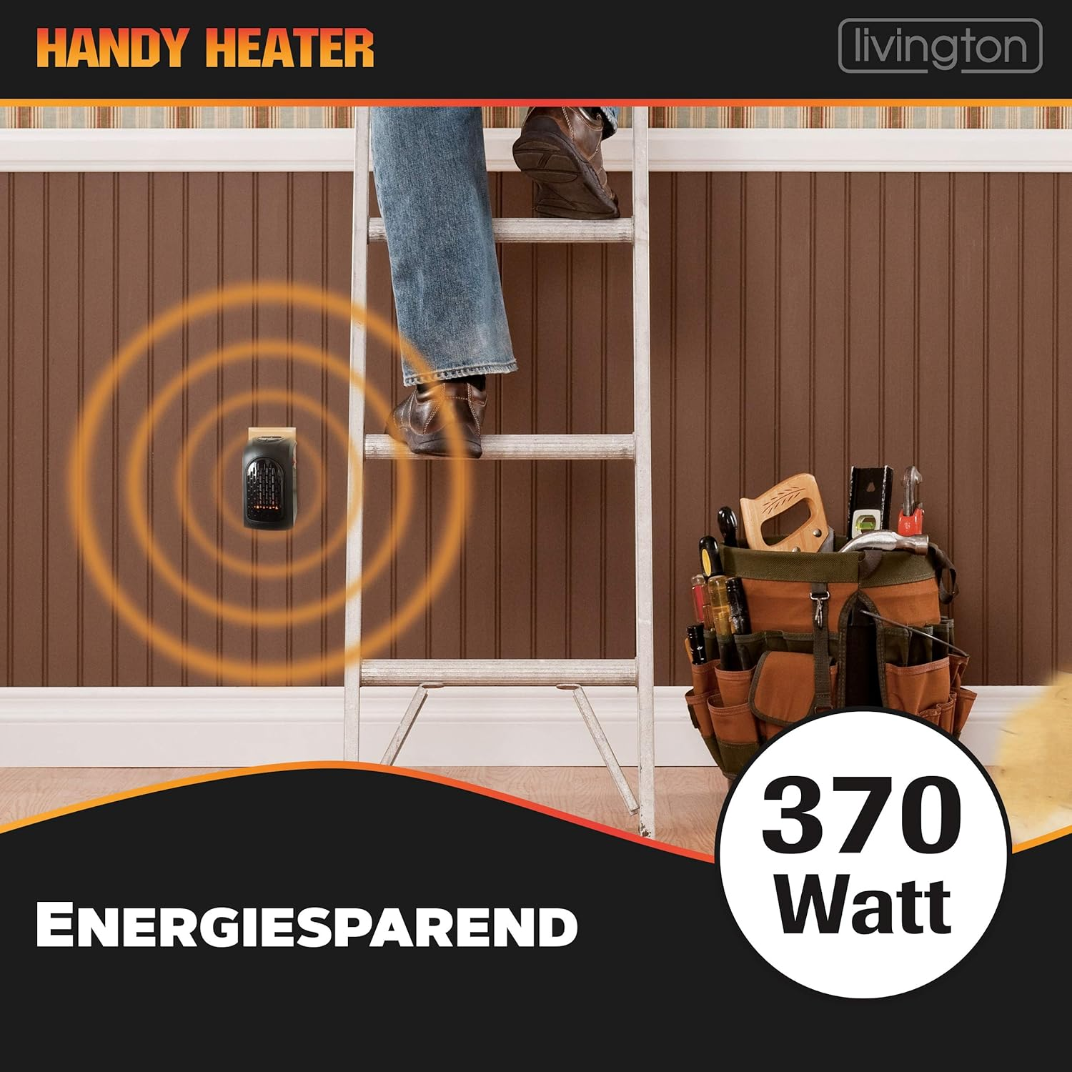 Ein Mann auf einer Leiter in der Nähe eines Heizgeräts. Eine Werkzeugkiste ist sichtbar. Text: Handy Heater und Energiesparend.