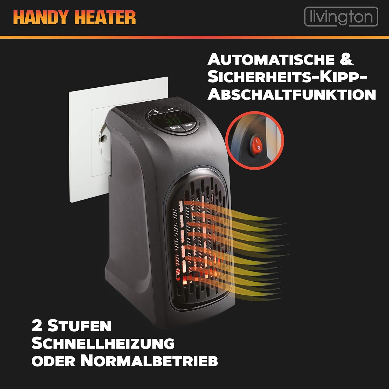 Ein schwarzer Handy Heater, der an eine Steckdose angeschlossen ist. Er hat eine Digitalanzeige und einen roten Ein/Aus-Schalter, mit deutschem Text.