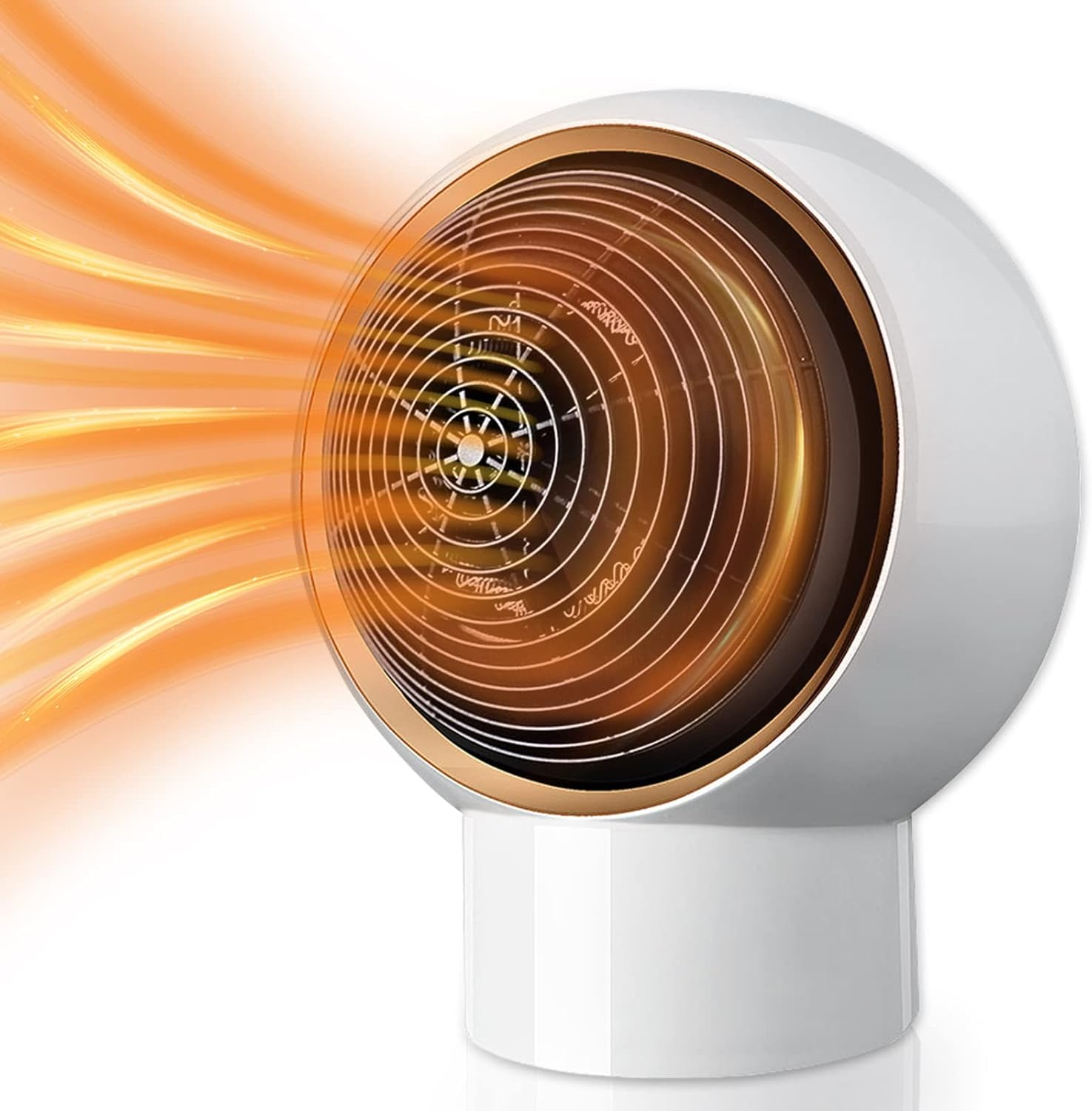 Ein weiß-goldener Heizlüfter mit orangefarbenen Hitzewellen. Der Heizlüfter hat eine runde Front mit einem Ventilator und einen weißen Sockel.