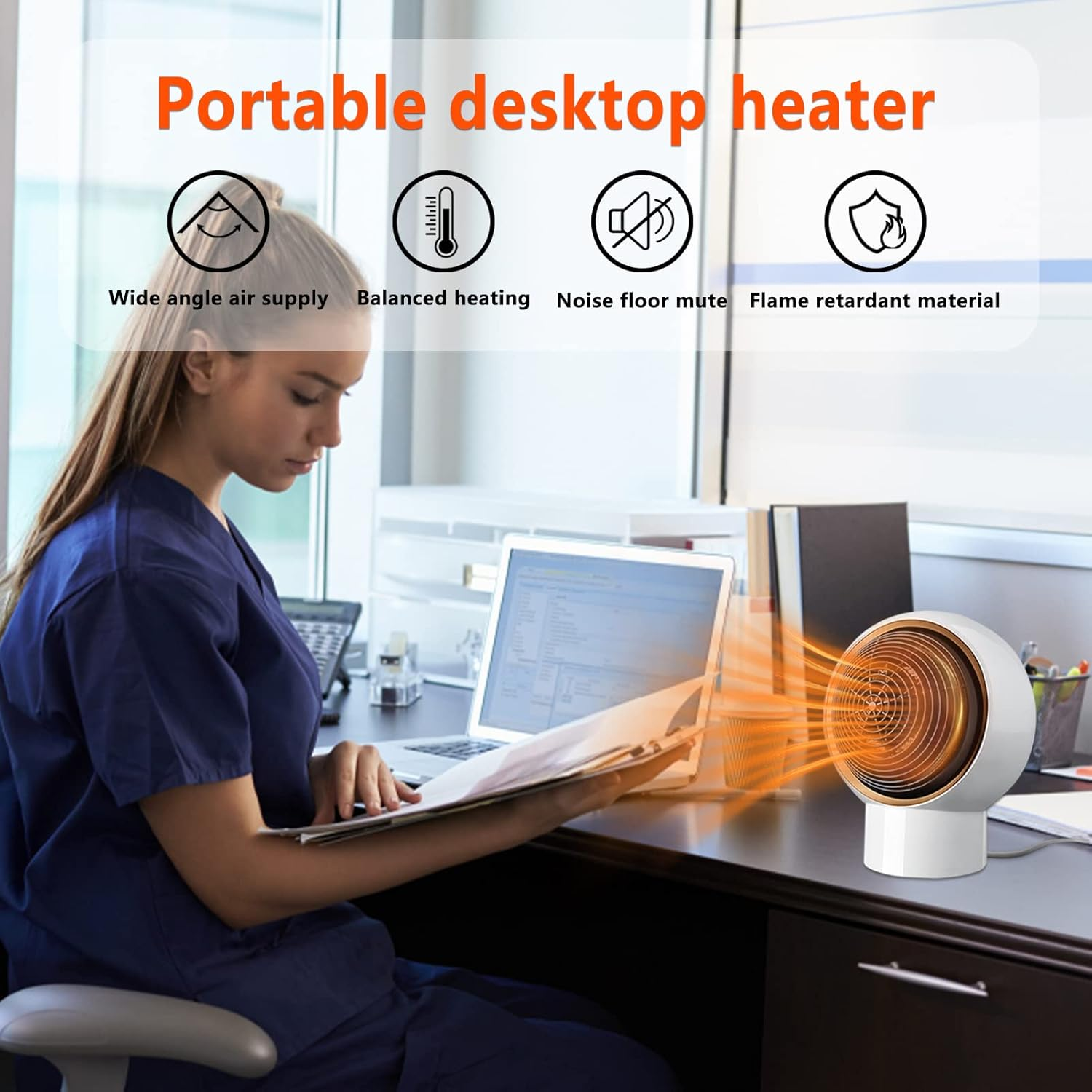 Frau am Schreibtisch mit Laptop und Dokumenten, ein weißer Desktop-Heizkörper steht auf dem Schreibtisch, mit oranger Luft und Produktbeschreibungen.