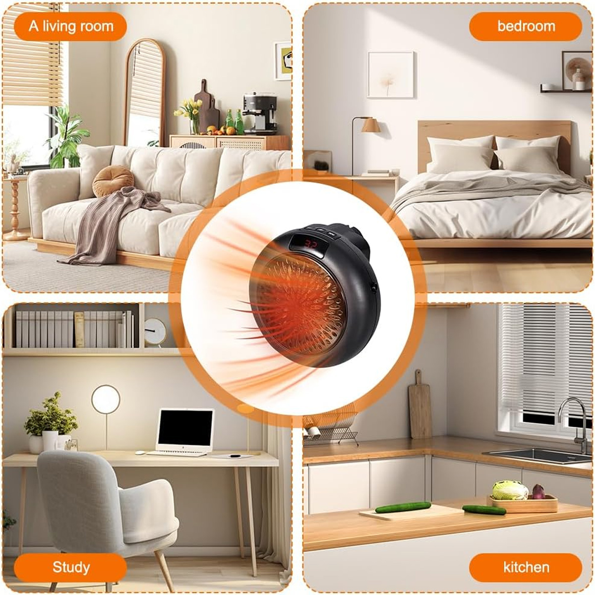 Das Bild zeigt eine schwarze Heizung in vier verschiedenen Raumeinstellungen: Wohnzimmer, Schlafzimmer, Arbeitszimmer und Küche. Jeder Raum ist beschriftet.