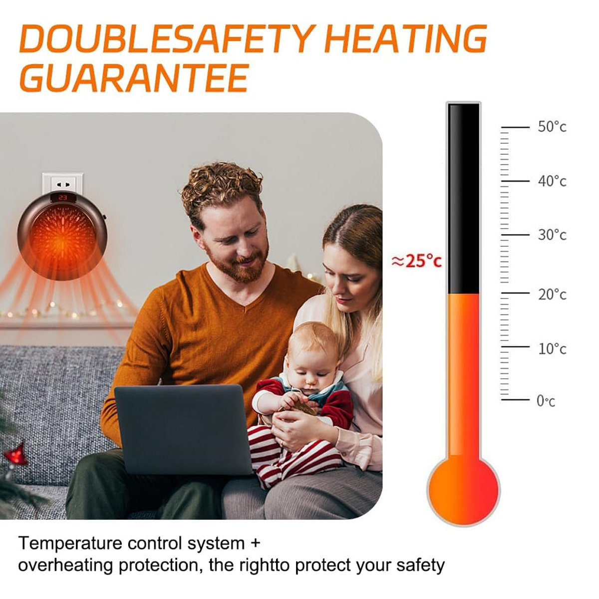 Familie mit Baby in der Nähe einer Heizung. Thermometer zeigt 25°C. Text: Doppelte Sicherheits-Heizungsgarantie. Temperaturkontrollsystem + Überhitzungsschutz.
