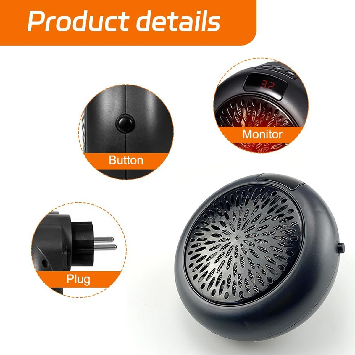 Produktdetails: Ein schwarzer Heizlüfter mit beschrifteten Teilen: Knopf, Monitor mit 32 und Stecker. Der Heizlüfter hat ein kreisförmiges Design.
