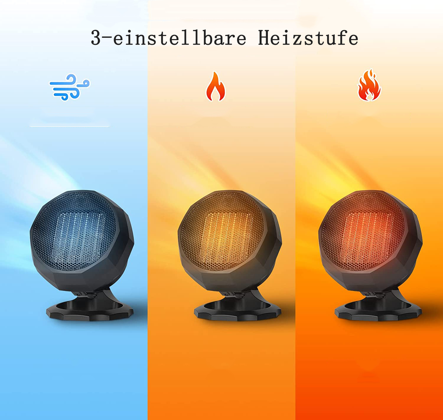 Drei schwarze Heizungen mit unterschiedlichen Heizstufen. Der Hintergrund hat blaue, orange und rote Farben mit entsprechenden Symbolen.