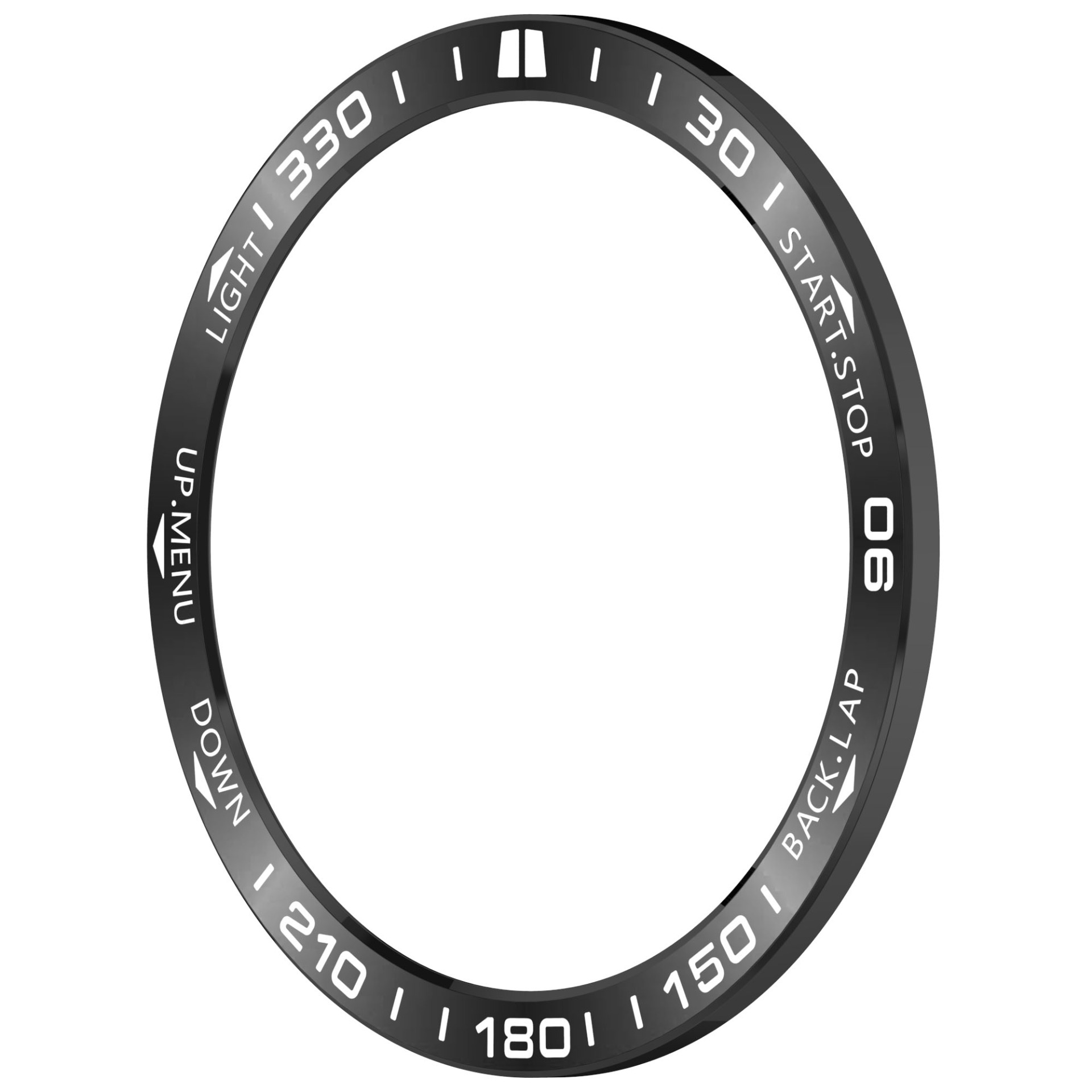 Ghiera nera dell'orologio con segni bianchi. Include numeri, start/stop, indietro/lap e funzioni di menu luce/su/giù.