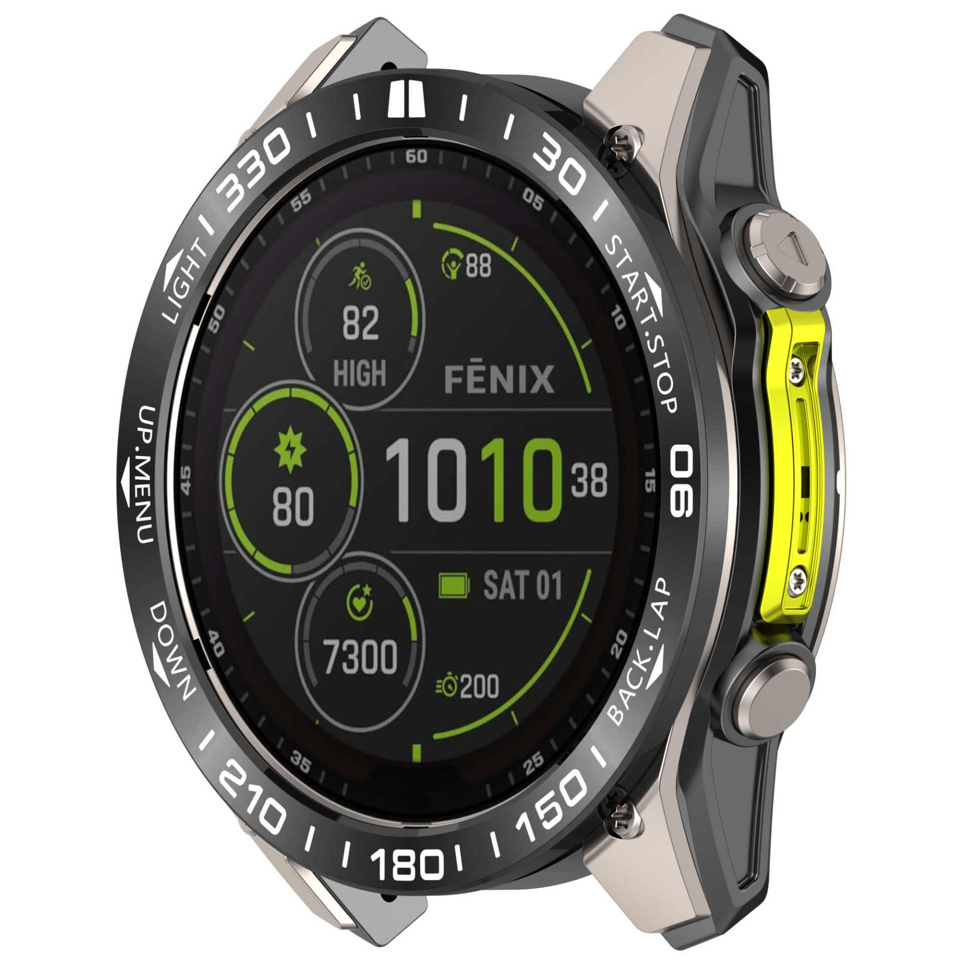 Uno smartwatch con cassa nera e argento, dettaglio giallo e display digitale con dati. L'orologio è su sfondo bianco.