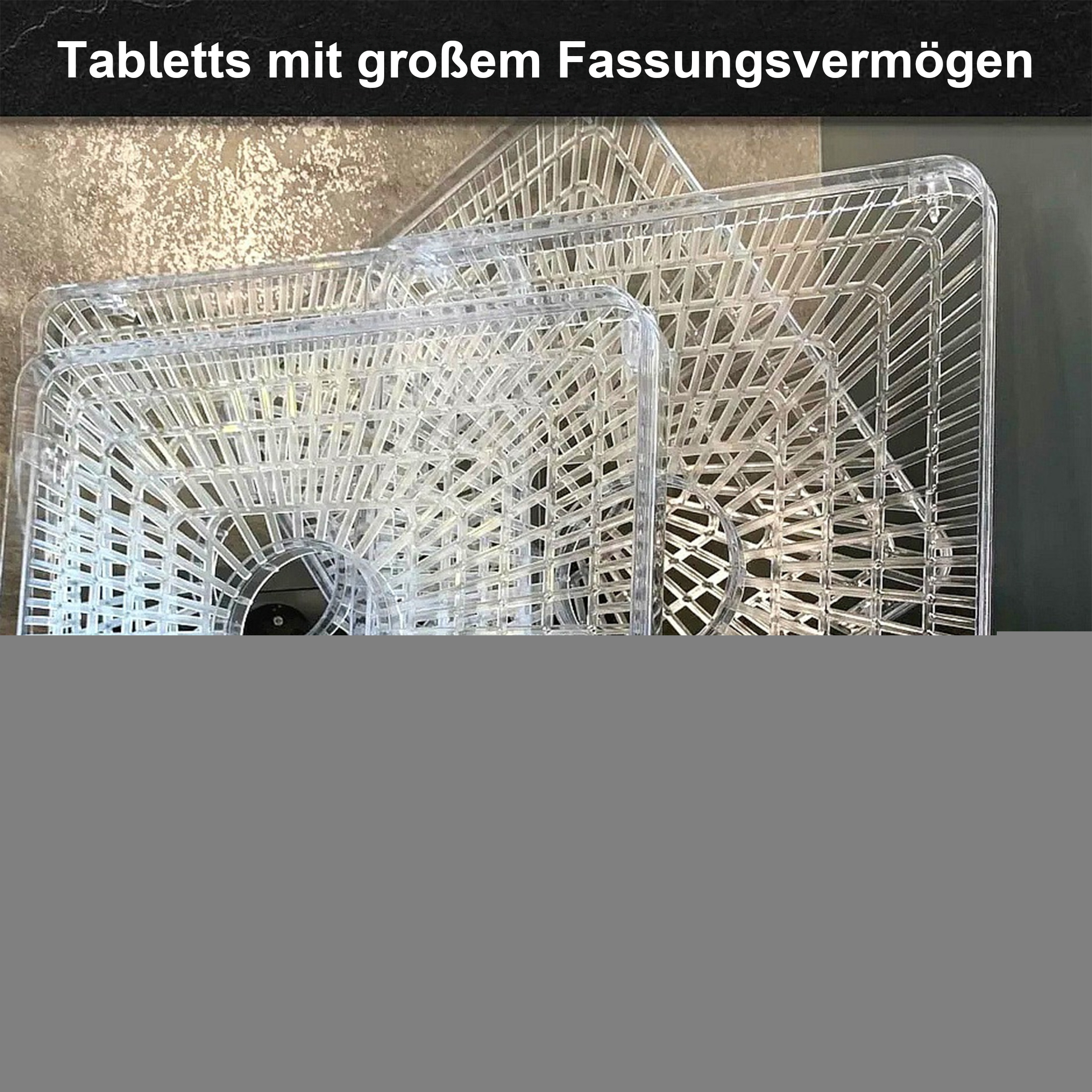 Stapel transparenter Kunststoffschalen. Sie dienen zum Dörren von Lebensmitteln. Der Hintergrund ist eine hellbraune Wand.