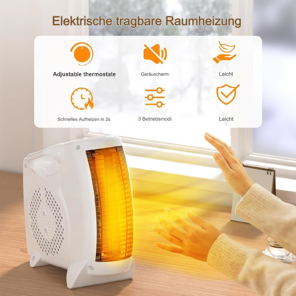 Ein weißer tragbarer Heizlüfter mit gelbem Schein. Eine Hand greift danach. Oberes Infopanel mit Symbolen.