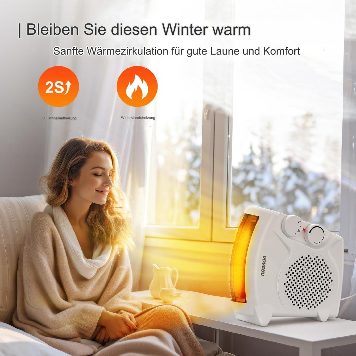 Frau sitzt am Fenster mit Heizung. Heizung leuchtet orange. Schnee ist sichtbar. Text: Bleiben Sie diesen Winter warm.