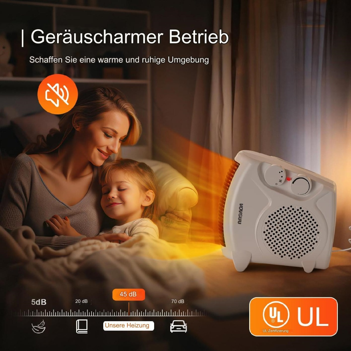 Mutter und Kind umarmen sich in der Nähe einer Heizung. Ein weißer Heizlüfter mit der Marke 'VOVGUU' ist sichtbar. Das Bild bewirbt leisen Betrieb.