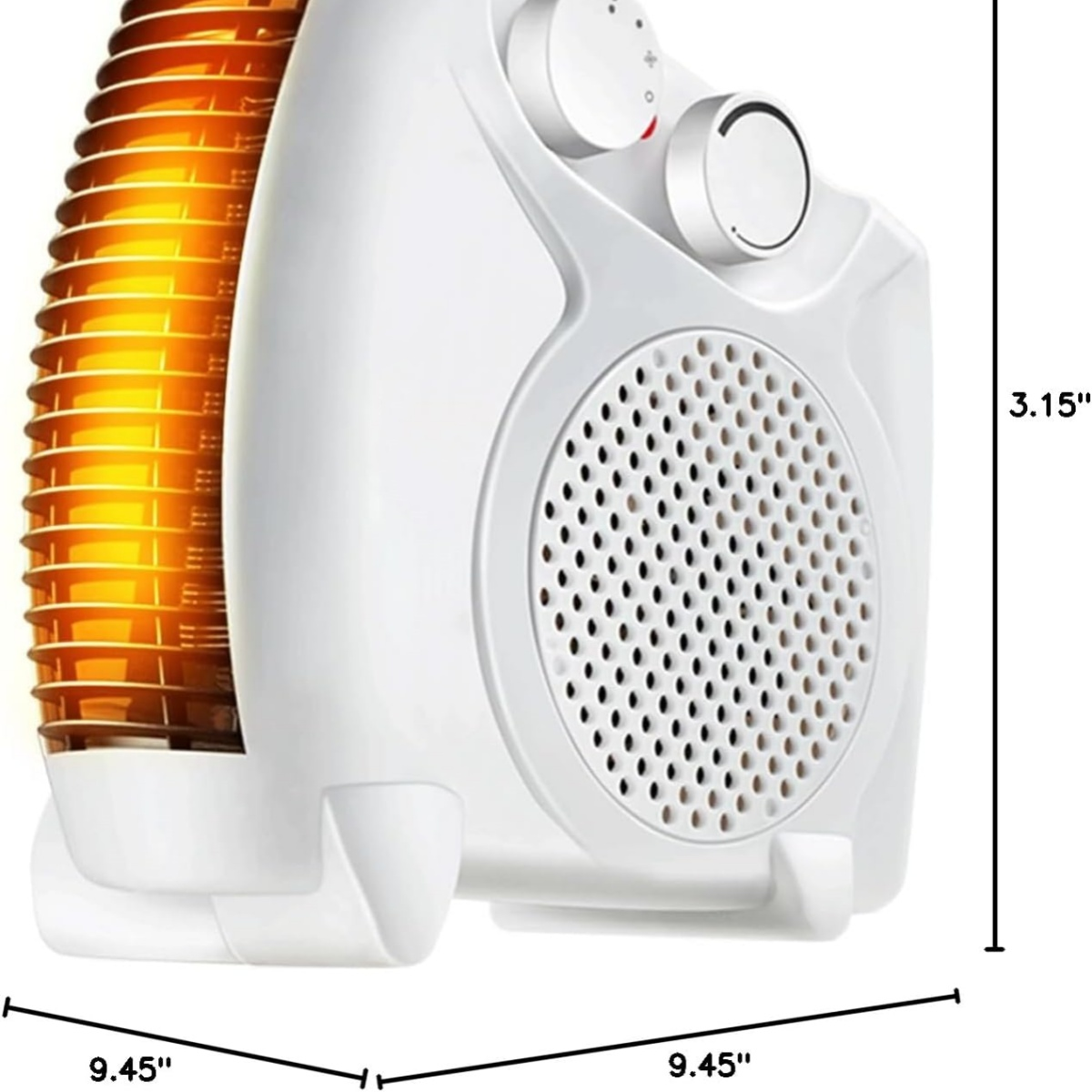 Ein weißer Heizlüfter mit orangefarbenem Heizelement. Er hat Bedienelemente und ein perforiertes Gitter.