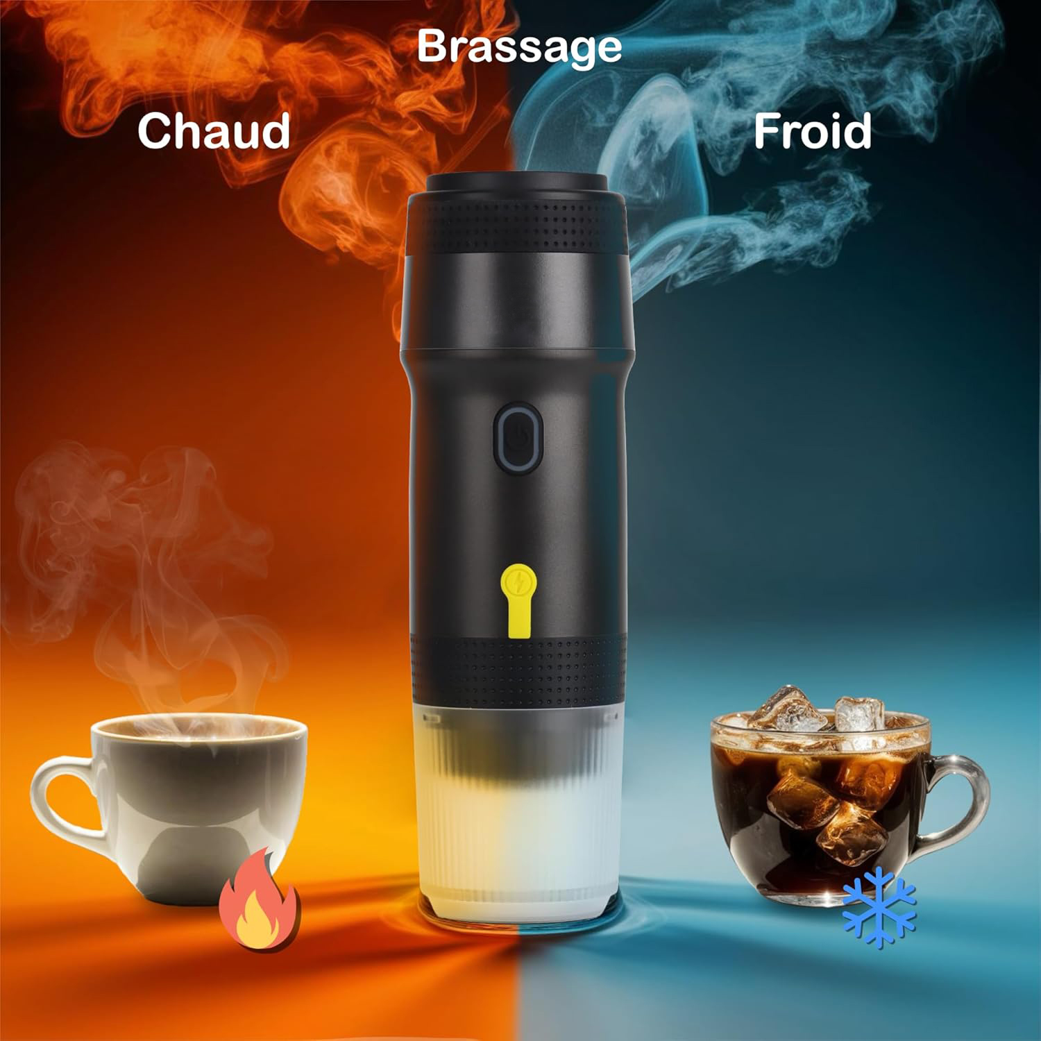 Kaffeemaschine mit Heiß- und Kaltoptionen. Zeigt heißen Kaffee mit Feuer und Eiskaffee mit Eis. Text zeigt 'Chaud' und 'Froid'.