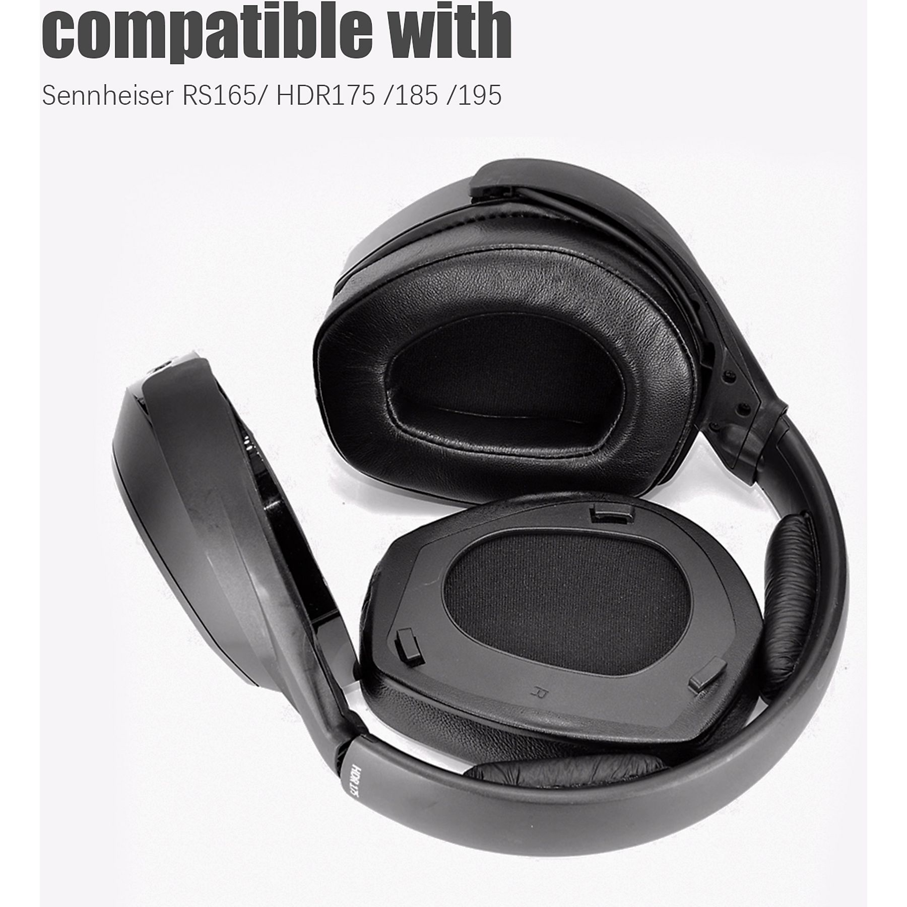 Schwarze Kopfhörer mit Ohrmuscheln und Kopfband auf weißem Hintergrund. Der Text "kompatibel mit" steht oben.