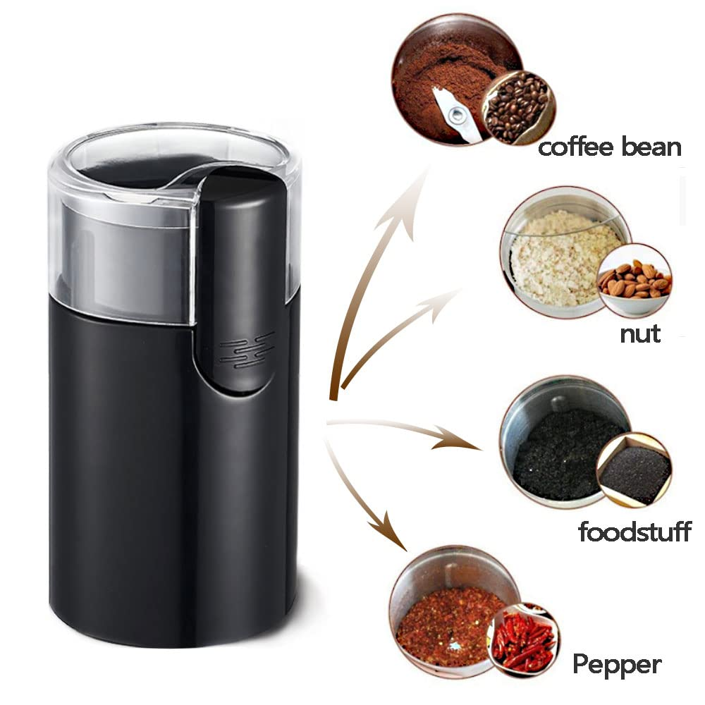 Ein schwarzer Kaffeemühle mit transparentem Deckel. Pfeile zeigen auf Kaffeebohnen, Nüsse, Lebensmittel und Pfeffer.