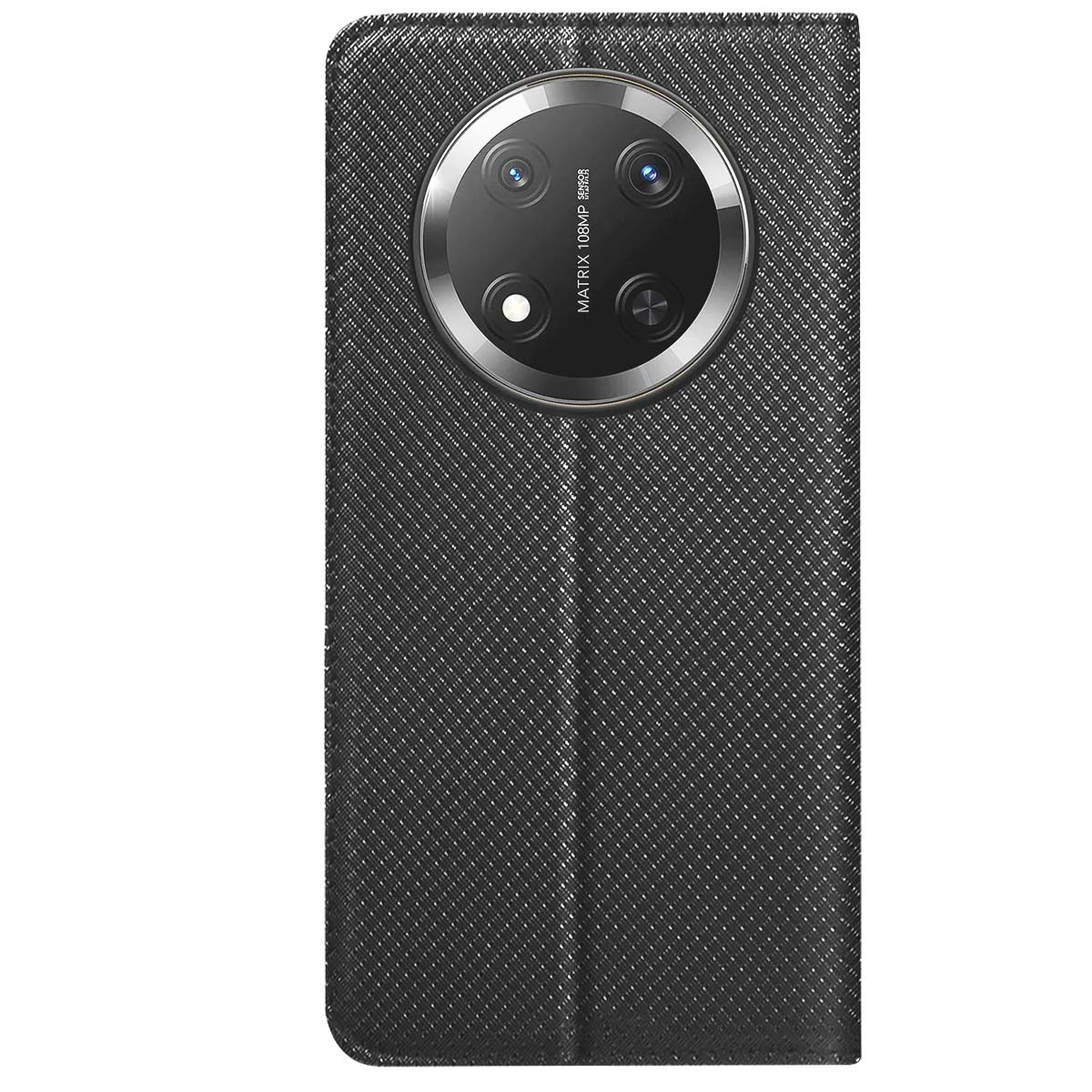 Una custodia per telefono nera con un modulo fotocamera a quattro lenti. La custodia ha un motivo strutturato.