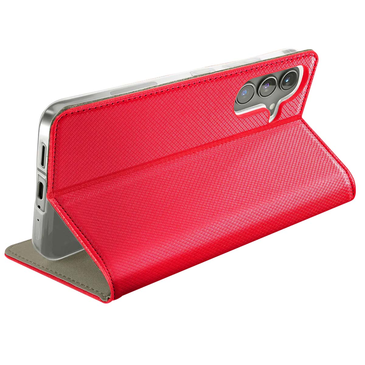 Custodia rossa con telefono. La custodia è aperta, mostra fotocamera e schermo. Lo sfondo è bianco.