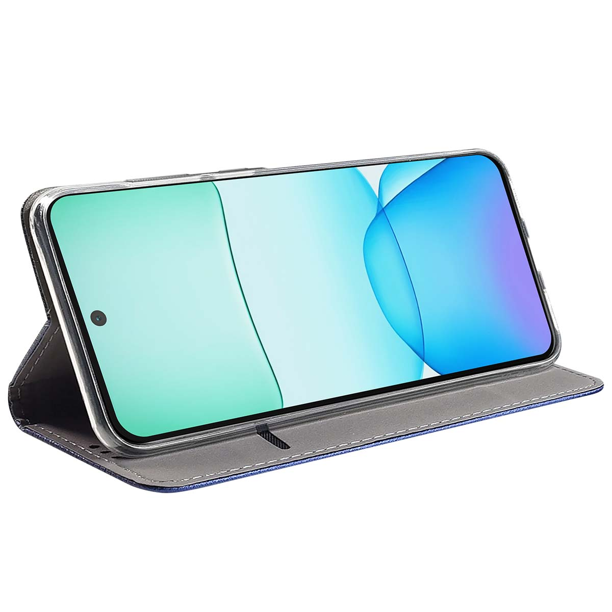 Uno smartphone in una custodia blu. Lo schermo mostra uno sfondo verde chiaro con vortici blu. La custodia è aperta e angolata.