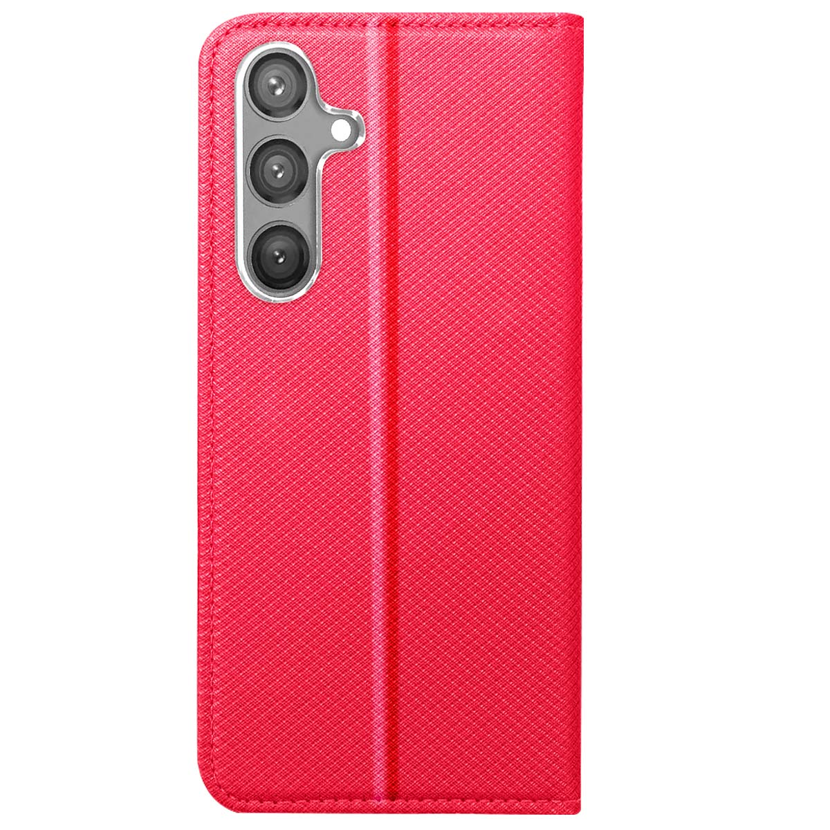 Custodia per telefono rossa con ritaglio per fotocamera. La custodia è chiusa. Ha una superficie strutturata e una piega verticale al centro.