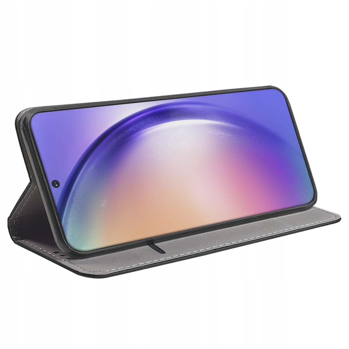 Uno smartphone è in una custodia di pelle grigia. Lo schermo mostra un design astratto colorato. La custodia è aperta, in posizione verticale.