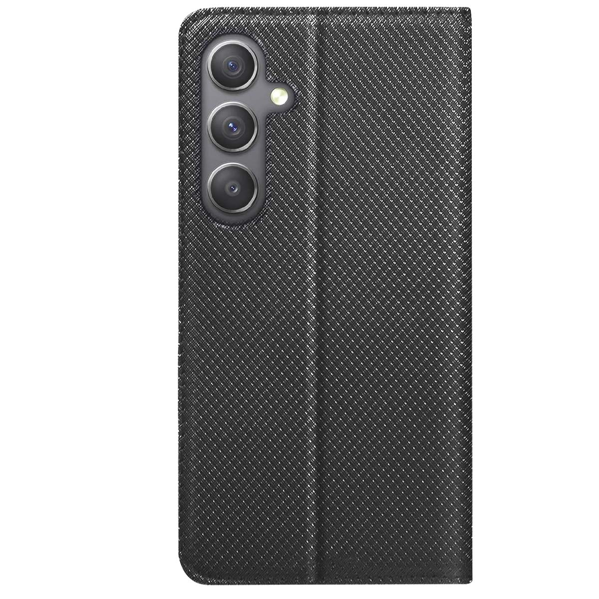 Custodia per telefono nera con trama. Ha tre lenti della fotocamera e un flash. La custodia è aperta.