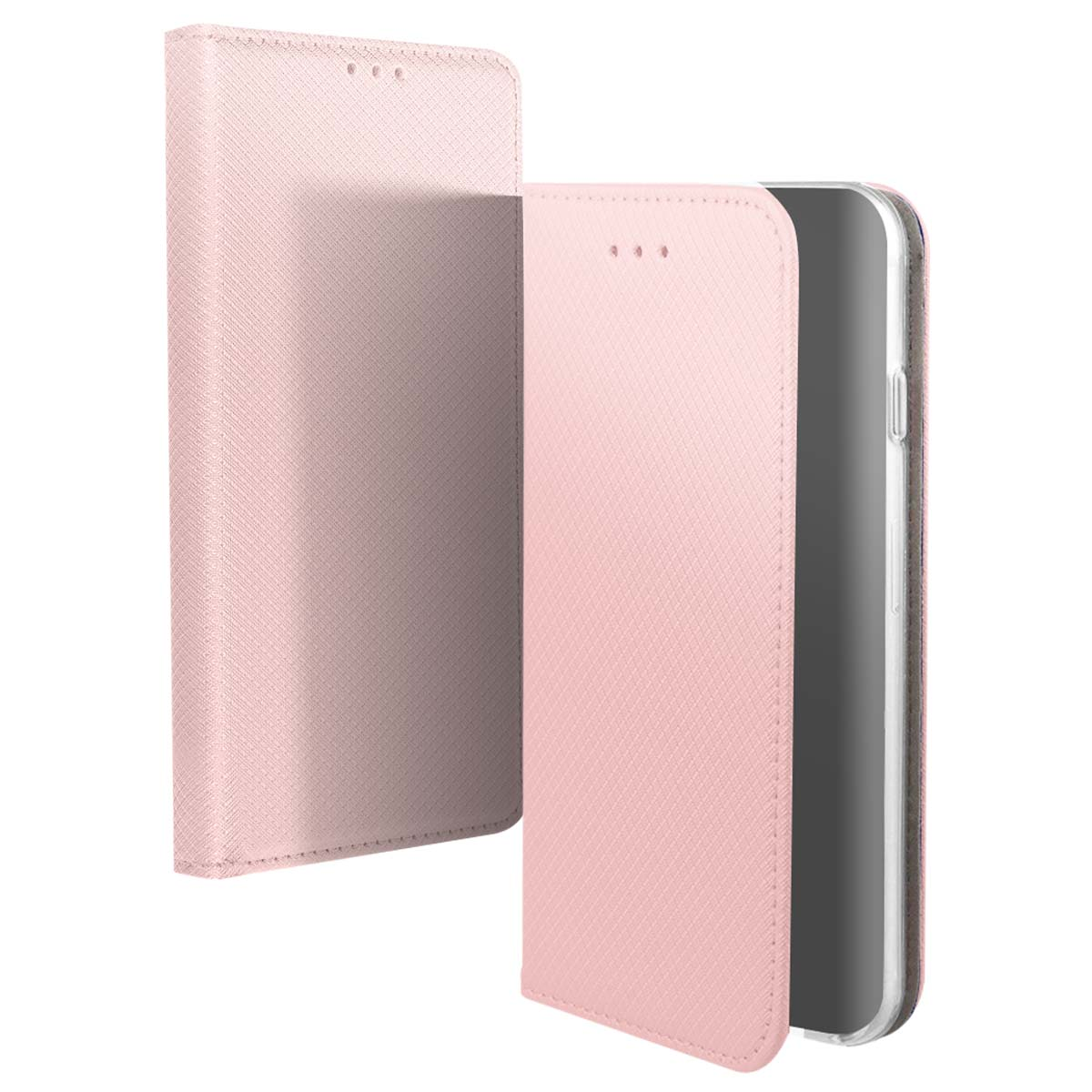 Una custodia rosa per telefono è aperta, rivelando un telefono. La custodia ha una superficie strutturata.